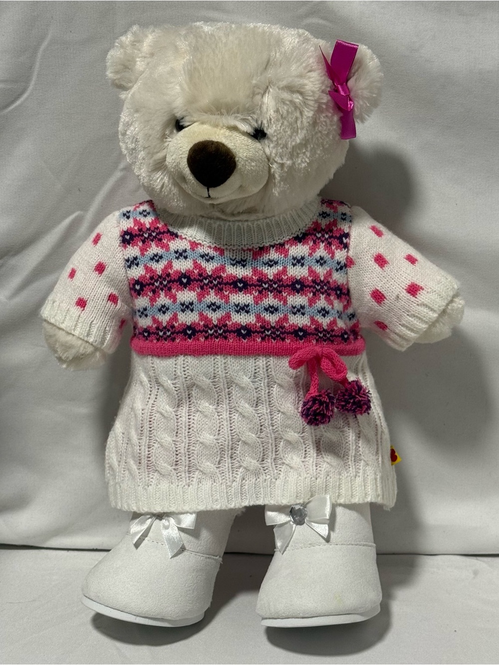 Build-A-Bear 15" White Teddy Bear w/ Fair Isle Sweater & Pink Pants